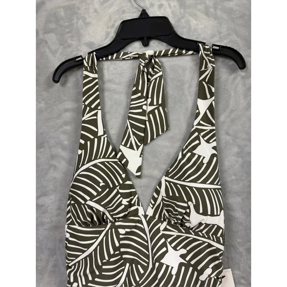 NWT DKNY Tankini Swim Top Womens Olive Green Tropical Palm Leaf Halter Small $60